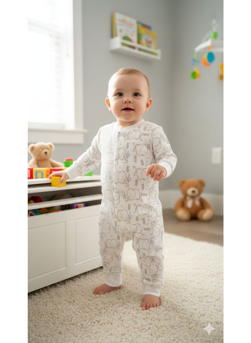 Berceau Baby Romper, White with Beige Animal Print, Cotton, Long Sleeve